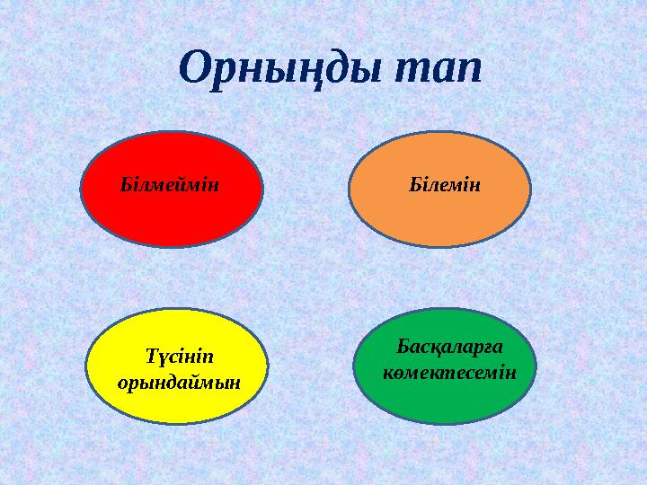 Орныңды тап Білмеймін Білемін Түсініп орындаймын Басқаларға көмектесемін