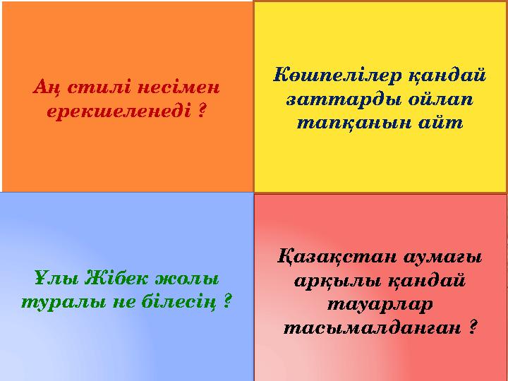 Аң стилі несімен ерекшеленеді ? Көшпелілер қандай заттарды ойлап тапқанын айт Ұлы Жібек жолы туралы не білесің ? Қазақстан а