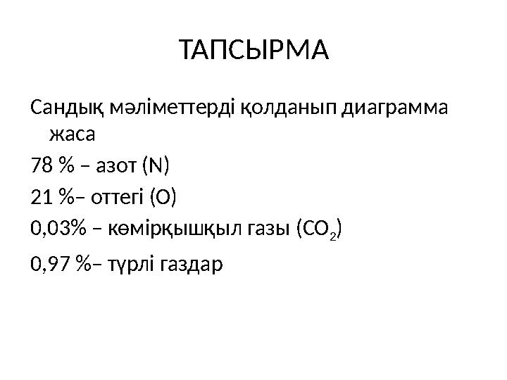 ТАПСЫРМА Сандық мәліметтерді қолданып диаграмма жаса 78 % – азот ( N ) 21 %– оттегі (O) 0,03% – көмірқышқыл газы (CO 2 ) 0,97