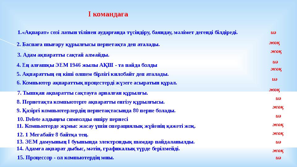 І командаға 1.«Ақпарат» сөзі латын тілінен аударғанда түсіндіру, баяндау, мәлімет дегенді білдіреді.иә 2. Баспаға шығару құрылғы