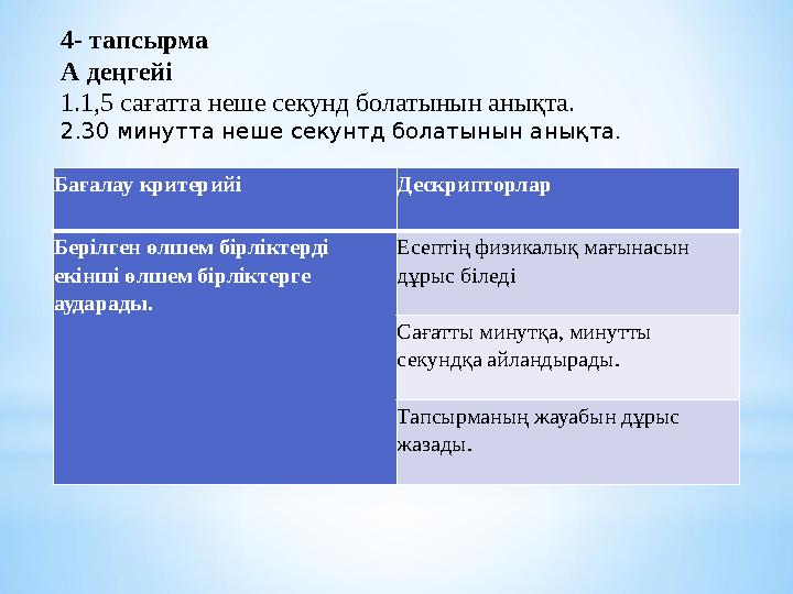 Бағалау критерийі Дескрипторлар Берілген өлшем бірліктерді екінші өлшем бірліктерге аударады. Есептің физикалық мағынасын д