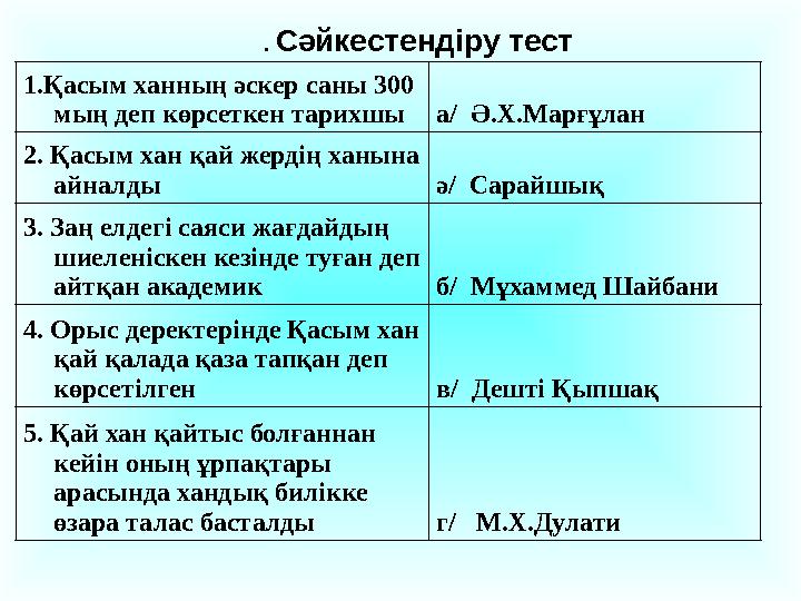 1.Қасым ханның әскер саны 300 мың деп көрсеткен тарихшы а/ Ә.Х.Марғұлан 2. Қасым хан қай жердің ханына айналды ә/ Сарайшық 3