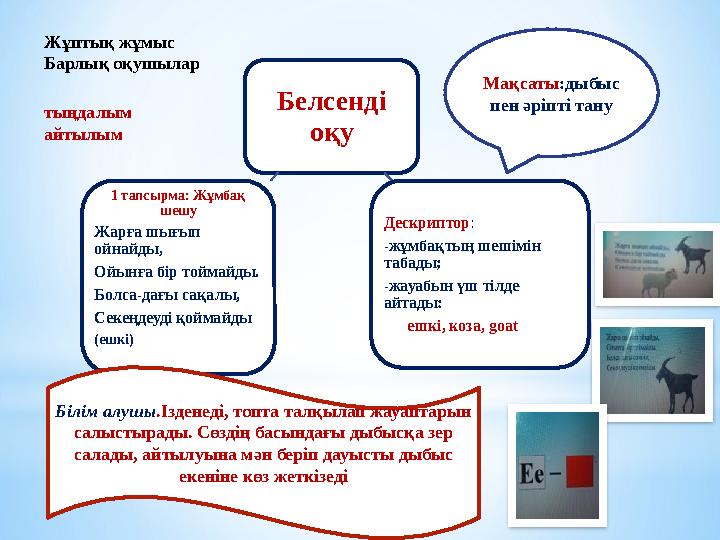 Белсенді оқу Дескриптор: -жұмбақтың шешімін табады; -жауабын үш тілде айтады: ешкі, коза, goat 1 тапсырма: Жұмбақ шеш