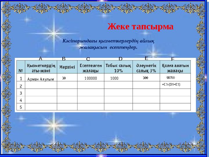 Жеке тапсырма Арман Аяулым 30 100000 1000 300 98700 =C1-(D1+E1) A B C D E F Кәсіпорындағы қызметкерлердің айлық жалақысын есеп