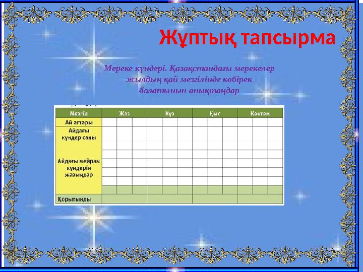 Жұптық тапсырма Мереке күндері. Қазақстандағы мерекелер жылдың қай мезгілінде көбірек болатынын анықтаңдар