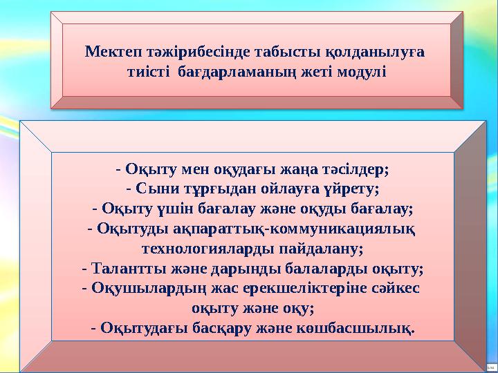 Мектеп тәжірибесінде табысты қолданылуға тиісті бағдарламаның жеті модулі - Оқыту мен оқудағы жаңа тәсілдер; - Сыни тұрғыдан