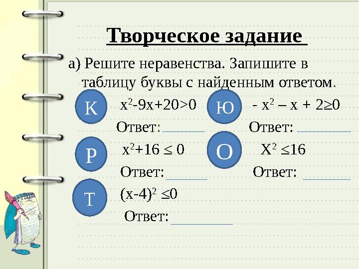 Творческое задание а) Решите неравенства. Запишите в таблицу буквы с найденным ответом . х 2 -9х+20 > 0