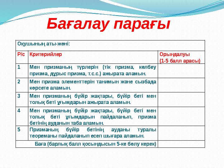 Бағалау парағы Оқушының аты-жөні: Р/сКритерийлер Орындалуы (1-5 балл арасы) 1Мен призманың түрлерін (тік призма, көлбеу призм