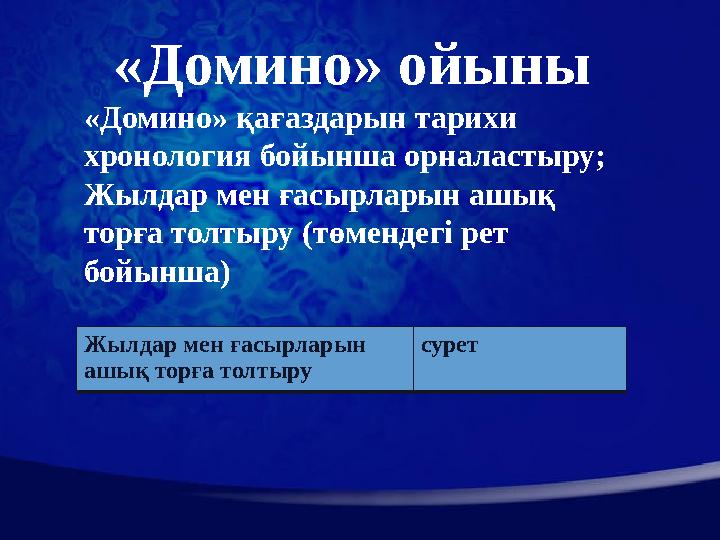 «Домино» ойыны «Домино» қағаздарын тарихи хронология бойынша орналастыру; Жылдар мен ғасырларын ашық торға толтыру (төмендегі