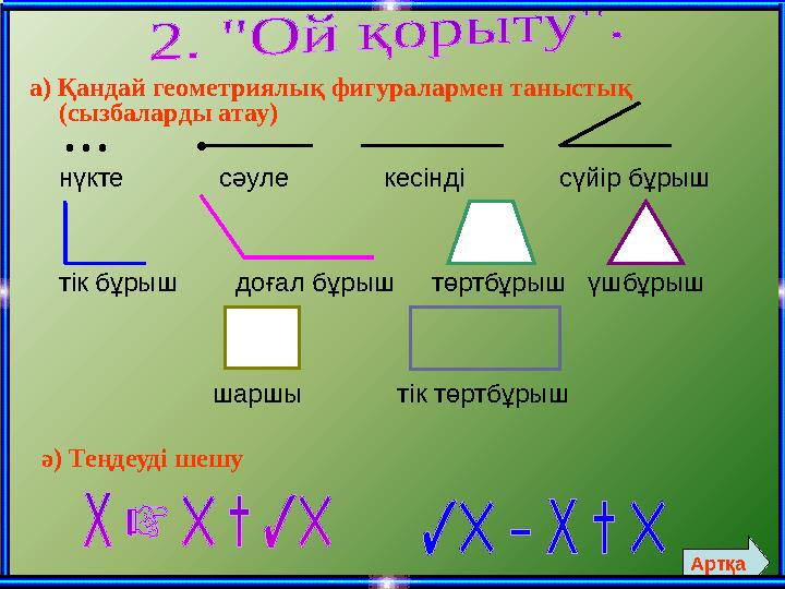 а) Қандай геометриялық фигуралармен таныстық (сызбаларды атау) • • • • нүкте