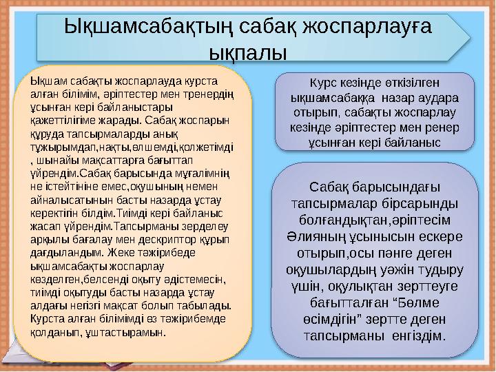 Ықшамсабақтың сабақ жоспарлауға ықпалы Сабақ барысындағы тапсырмалар бірсарынды болғандықтан,әріптесім Әлияның ұсынысын еске