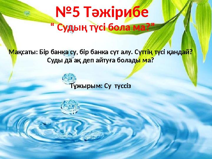 № 5 Тәжірибе “ Судың түсі бола ма?” Мақсаты: Бір банка су, бір банка сүт алу. Сүттің түсі қандай? Суды да ақ деп айтуға бола