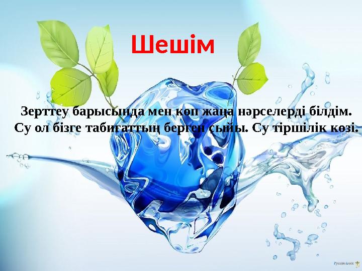 Шешім Зерттеу барысында мен көп жаңа нәрселерді білдім. Су ол бізге табиғаттың берген сыйы. Су тіршілік көзі.