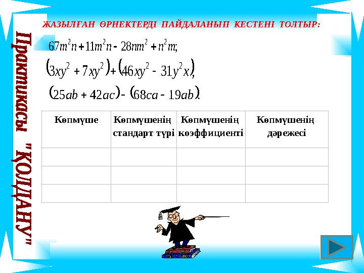 ЖАЗЫЛҒАН ӨРНЕКТЕРДІ ПАЙДАЛАНЫП КЕСТЕНІ ТОЛТЫР: Көпмүше Көпмүшенің стандарт түрі Көпмүшенің коэффициенті Көпмүшенің дәреж