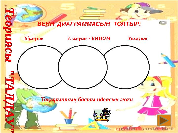 ВЕНН ДИАГРАММАСЫН ТОЛТЫР : Бірмүше Екімүше - БИНОМ Үшмүше Тақырыптың басты идеясын жаз: