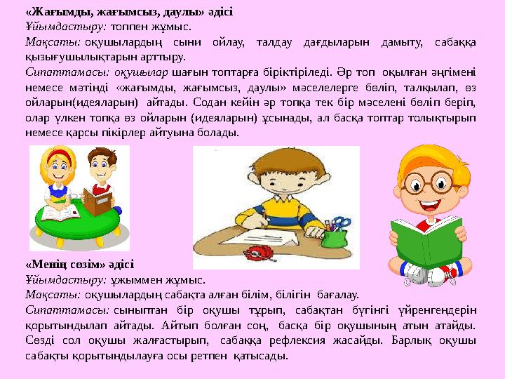 «Жағымды, жағымсыз, даулы» әдісі Ұйымдастыру: топпен жұмыс. Мақсаты: оқушылардың сыни ойлау, талдау дағдыларын дамыту, сабаққа