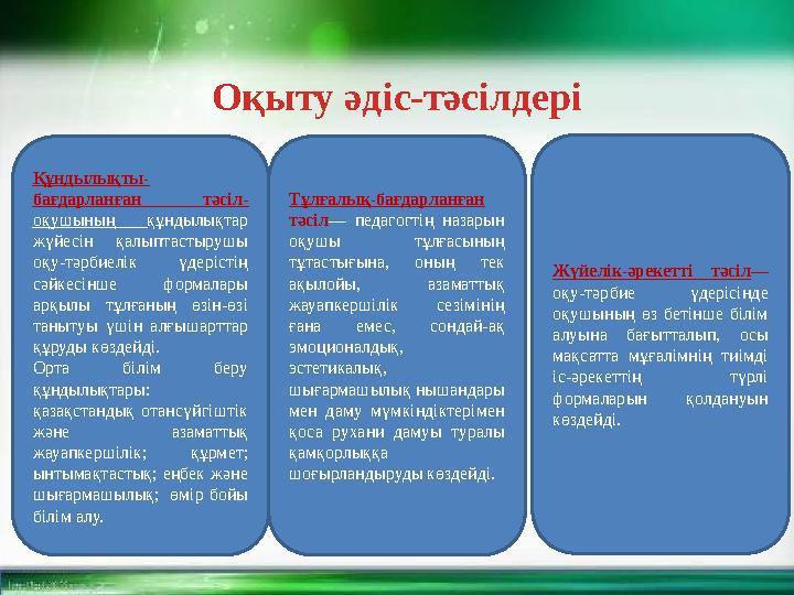 Оқыту әдіс-тәсілдері Құндылықты- бағдарланған тәсіл - оқушының құндылықтар жүйесін қалыптастырушы оқу-тәрбиелік үдерістің сәй