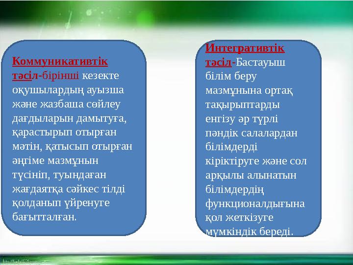 Коммуникативтік тәсіл-бірінші кезекте оқушылардың ауызша және жазбаша сөйлеу дағдыларын дамытуға, қарастырып отырған мәтін