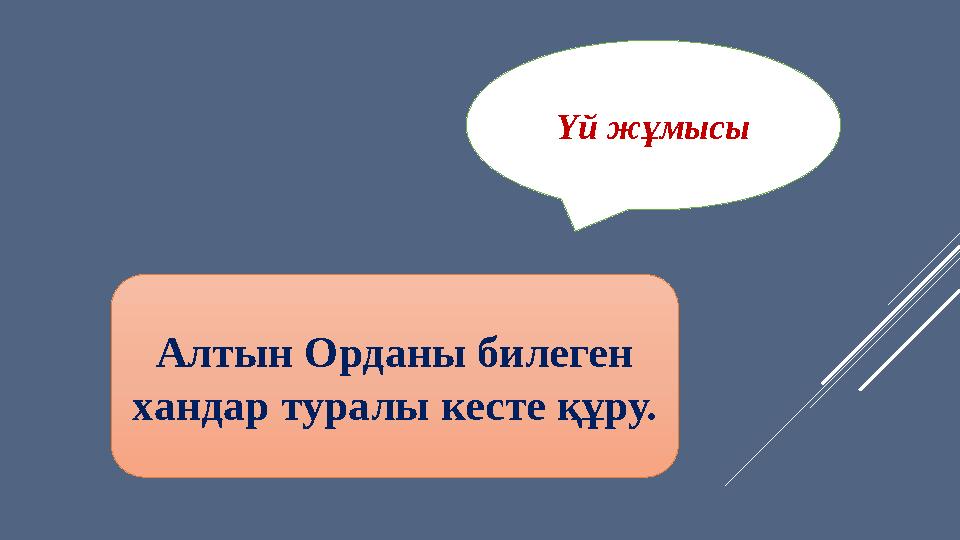 Үй жұмысы Алтын Орданы билеген хандар туралы кесте құру.