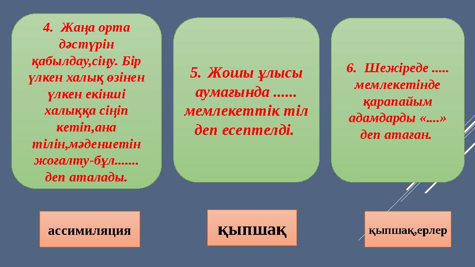 4. Жаңа орта дәстүрін қабылдау,сіңу. Бір үлкен халық өзінен үлкен екінші халыққа сіңіп кетіп,ана тілін,мәдениетін жоғалт