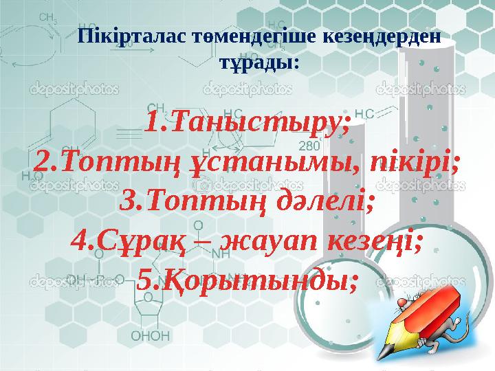 Пікірталас төмендегіше кезеңдерден тұрады: 1.Таныстыру; 2.Топтың ұстанымы, пікірі; 3.Топтың дәлелі; 4.Сұрақ – жауап кезеңі; 5.Қ