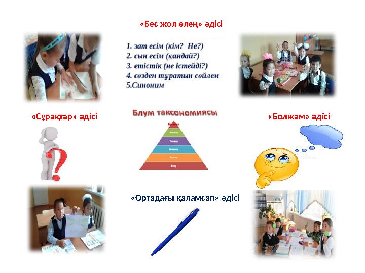 «Ортадағы қаламсап» әдісі «Болжам» әдісі«Сұрақтар» әдісі «Бес жол өлең» әдісі