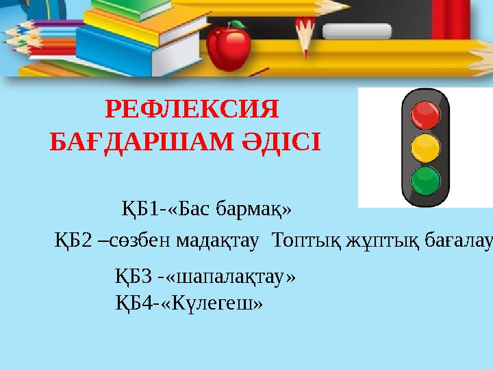 РЕФЛЕКСИЯ БАҒДАРШАМ ӘДІСІ ҚБ1-«Бас бармақ» ҚБ2 –сөзбен мадақтау Топтық жұптық баға