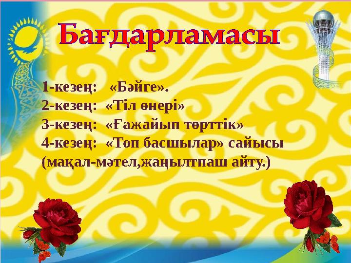 1-кезең: «Бәйге». 2-кезең: «Тіл өнері» 3-кезең: «Ғажайып төрттік» 4-кезең: «Топ басшылар» сайысы (мақал-мәтел,жаңылтпаш ай