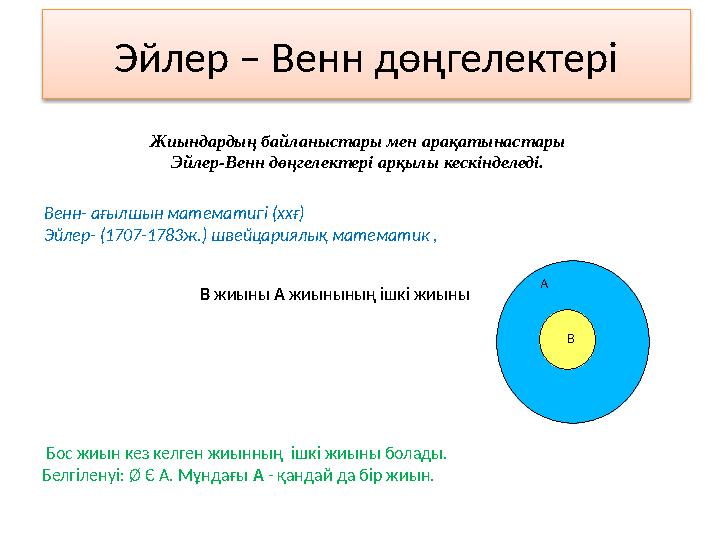 А BЖиындардың байланыстары мен арақатынастары Эйлер-Венн дөңгелектері арқылы кескінделеді. Венн- ағылшын математигі ( xx ғ) Эй