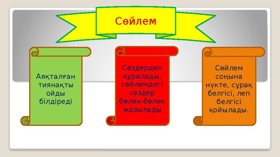 Сөйлем Аяқталған тиянақты ойды білдіреді Сөздерден құралады, сөйлемдегі сөздер бөлек-бөлек жазылады Сөйлем соңына нү