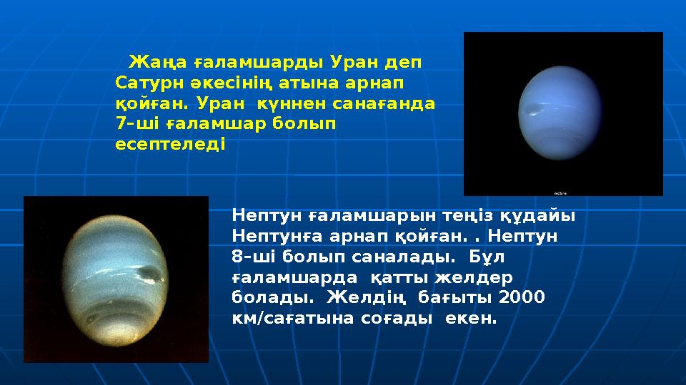 Жаңа ғаламшарды Уран деп Сатурн әкесінің атына арнап қойған. Уран күннен санағанда 7–ші ғаламшар болып есептеледі Не