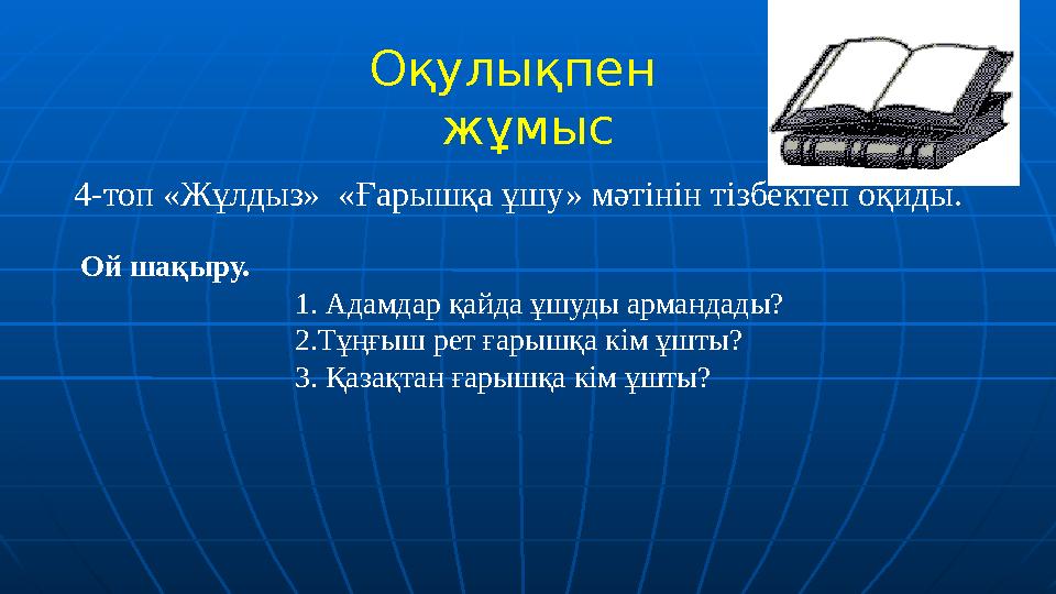 Оқулықпен жұмыс 4-топ «Жұлдыз» «Ғарышқа ұшу» мәтінін тізбектеп оқиды. Ой шақыру. 1. Адамдар қайд