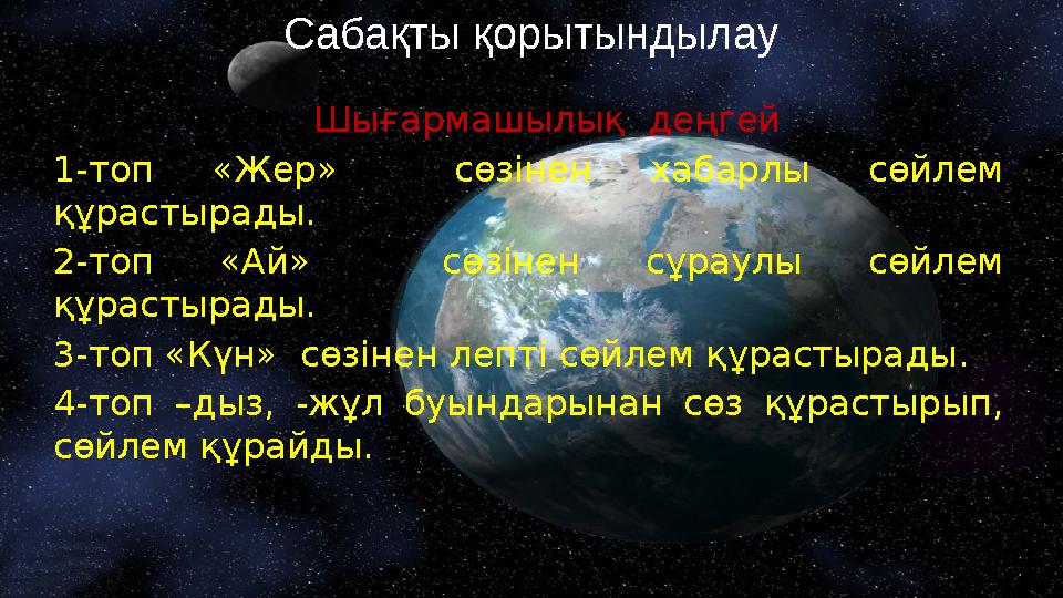 Сабақты қорытындылау Шығармашылық деңгей 1-топ «Жер» сөзінен хабарлы сөйл