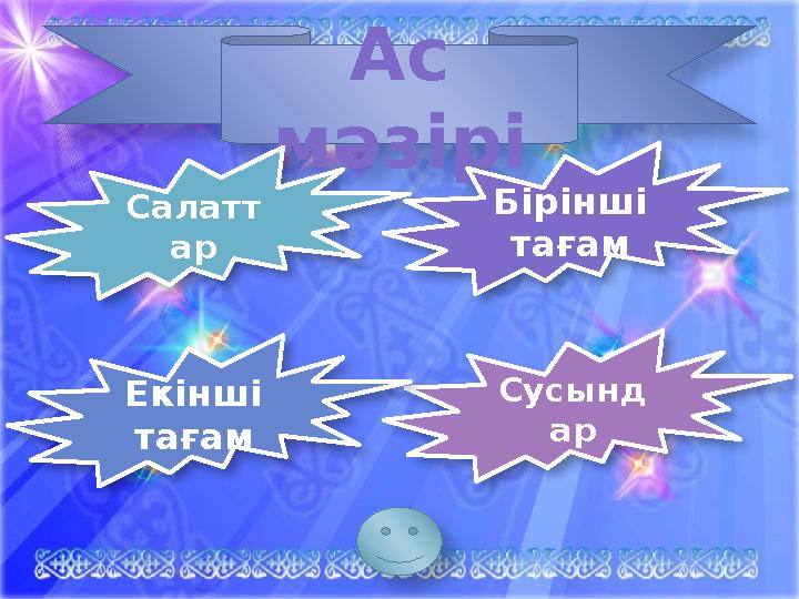 Ас мәзірі Салатт ар Сусынд арЕкінші тағам Бірінші тағам