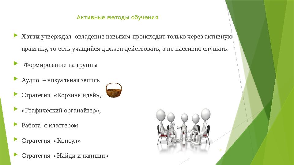 5 Активные методы обучения Хэтти утверждал овладение навыком происходит только через активную практику, то ес