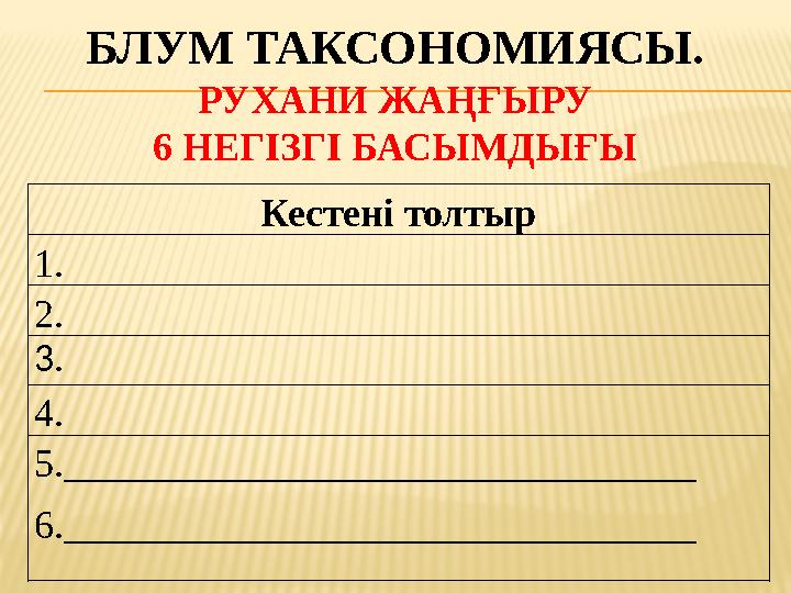 БЛУМ ТАКСОНОМИЯСЫ. РУХАНИ ЖАҢҒЫРУ 6 НЕГІЗГІ БАСЫМДЫҒЫ Кестені толтыр 1. 2. 3. 4. 5.________________________________ 6.____