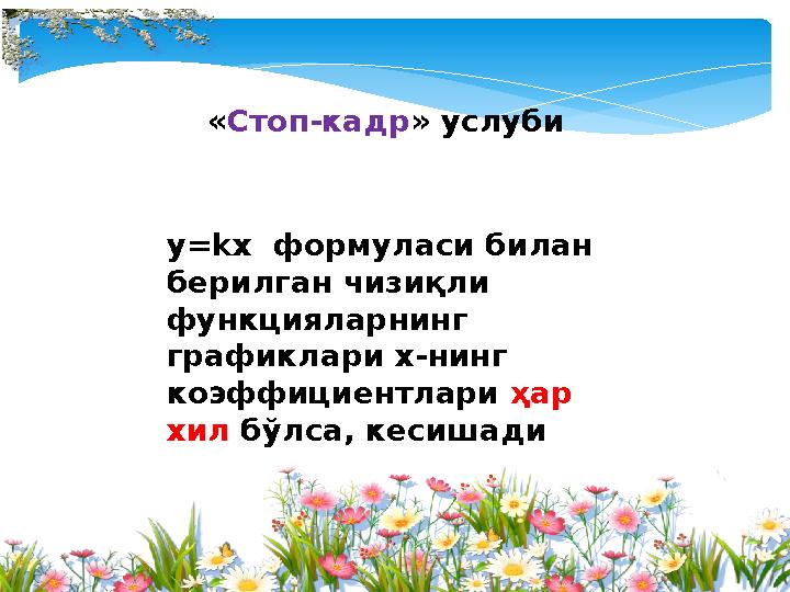 «Стоп-кадр» услуби y=kх формуласи билан берилган чизиқли функцияларнинг графиклари х-нинг коэффициентлари ҳар хил бўлс