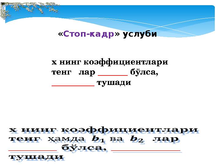«Стоп-кадр» услуби х нинг коэффициентлари тенг лар _______ бўлса, __________ тушади