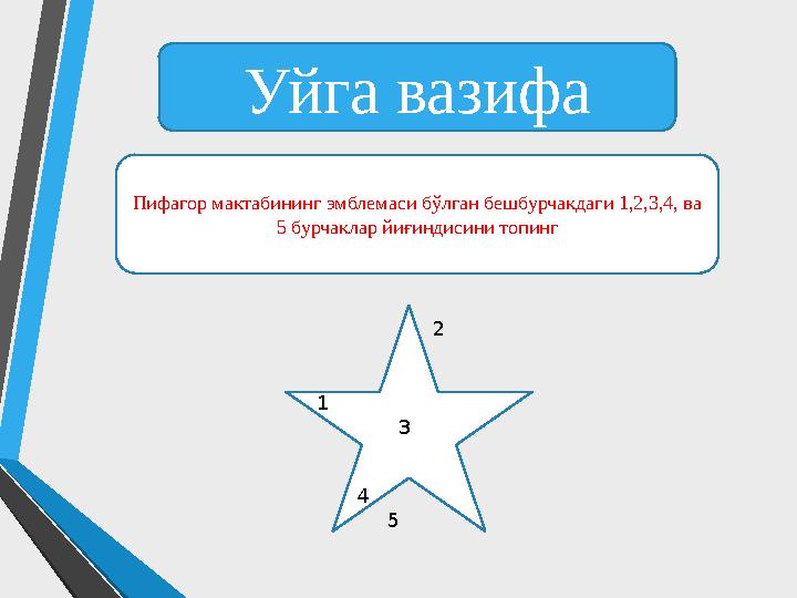 Уйга вазифа Пифагор мактабининг эмблемаси бўлган бешбурчакдаги 1,2,3,4, ва 5 бурчаклар йиғиндисини топинг 1