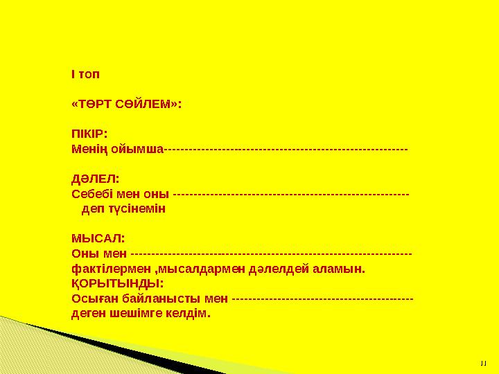 11 І топ «ТӨРТ СӨЙЛЕМ»: ПІКІР: Менің ойымша----------------------------------------------------------- ДӘЛЕЛ: Себебі мен о