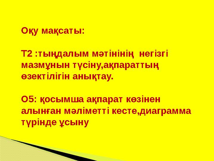 Оқу мақсаты: Т2 :тыңдалым мәтінінің негізгі мазмұнын түсіну,ақпараттың өзектілігін анықтау. О5: қосымша ақпарат көзінен