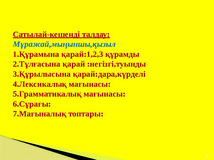 Сатылай-кешенді талдау: Мұражай,мыңыншы,қызыл 1.Құрамына қарай:1,2,3 құрамды 2.Тұлғасына қарай :негізгі,туынды 3.Құрылысына