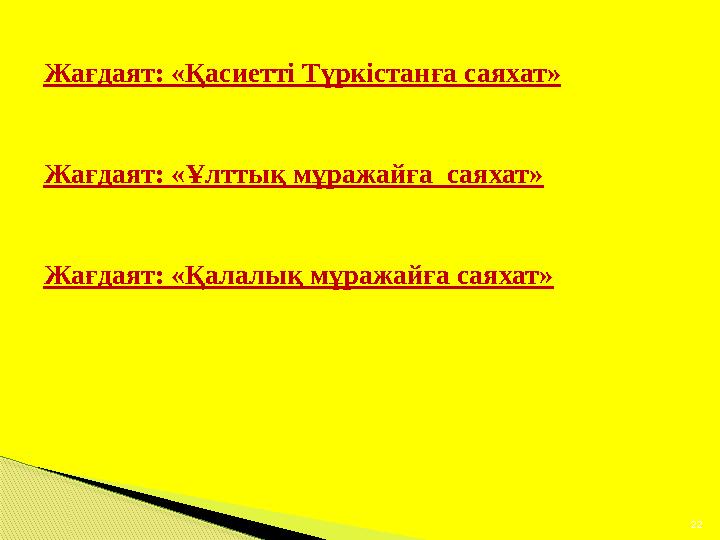 Жағдаят: «Қасиетті Түркістанға саяхат» Жағдаят: «Ұлттық мұражайға саяхат» Жағдаят: «Қалалық мұражайға саяхат» 22