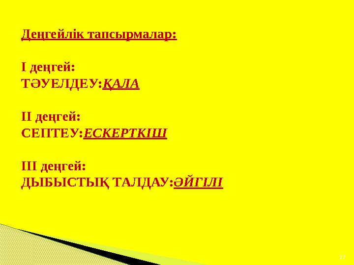 Деңгейлік тапсырмалар: І деңгей: ТӘУЕЛДЕУ:ҚАЛА ІІ деңгей: СЕПТЕУ:ЕСКЕРТКІШ ІІІ деңгей: ДЫБЫСТЫҚ ТАЛДАУ: ӘЙГІЛІ 27