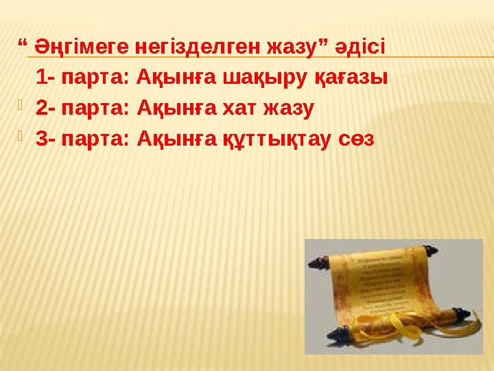“ Әңгімеге негізделген жазу” әдісі 1- парта: Ақынға шақыру қағазы 2- парта: Ақынға хат жазу 3- парта: Ақынға құттықтау сөз