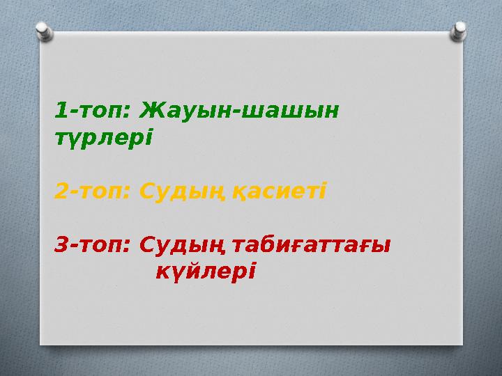 1-топ: Жауын-шашын түрлері 2-топ: Судың қасиеті 3-топ: Судың табиғаттағы күйлері