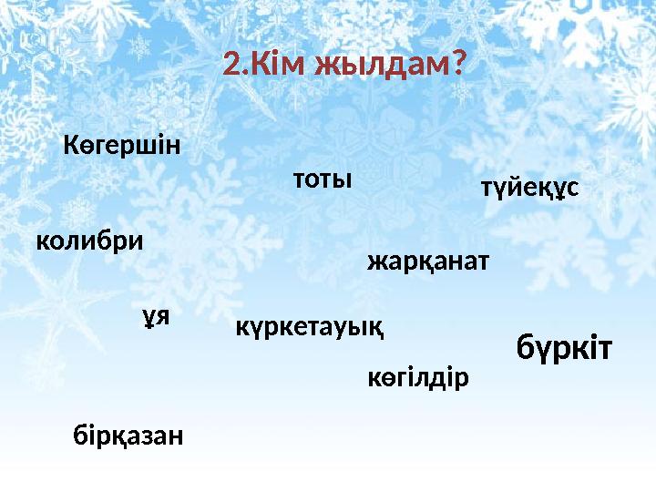 2.Кім жылдам? Көгершін колибри ұя жарқанат тоты түйеқұс күркетауық көгілдір бүркіт бірқазан