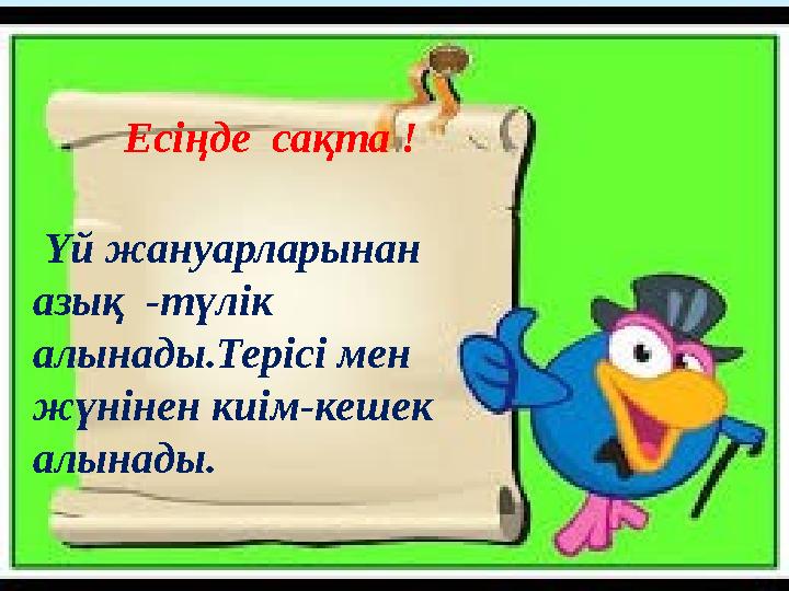 Есіңде сақта ! Үй жануарларынан азық -түлік алынады.Терісі мен жүнінен киім-кешек алынады.