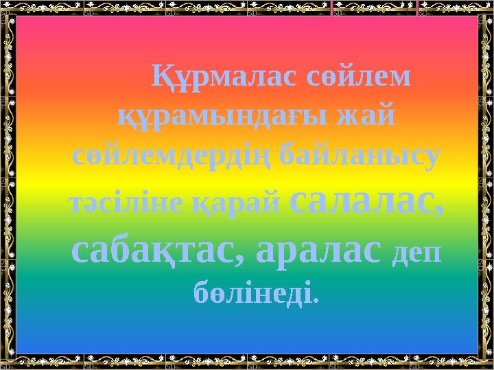 Құрмалас сөйлем құрамындағы жай сөйлемдердің байланысу тәсіліне қарай салалас, сабақтас, аралас деп бөлінеді.