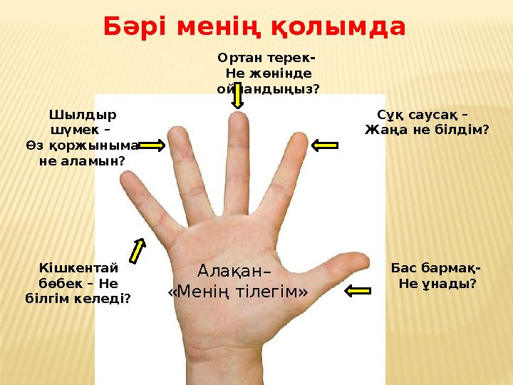 Бас бармақ- Не ұнады? Сұқ саусақ – Жаңа не білдім? Ортан терек- Не жөнінде ойландыңыз? Шылдыр шүмек – Өз қоржыныма не ал